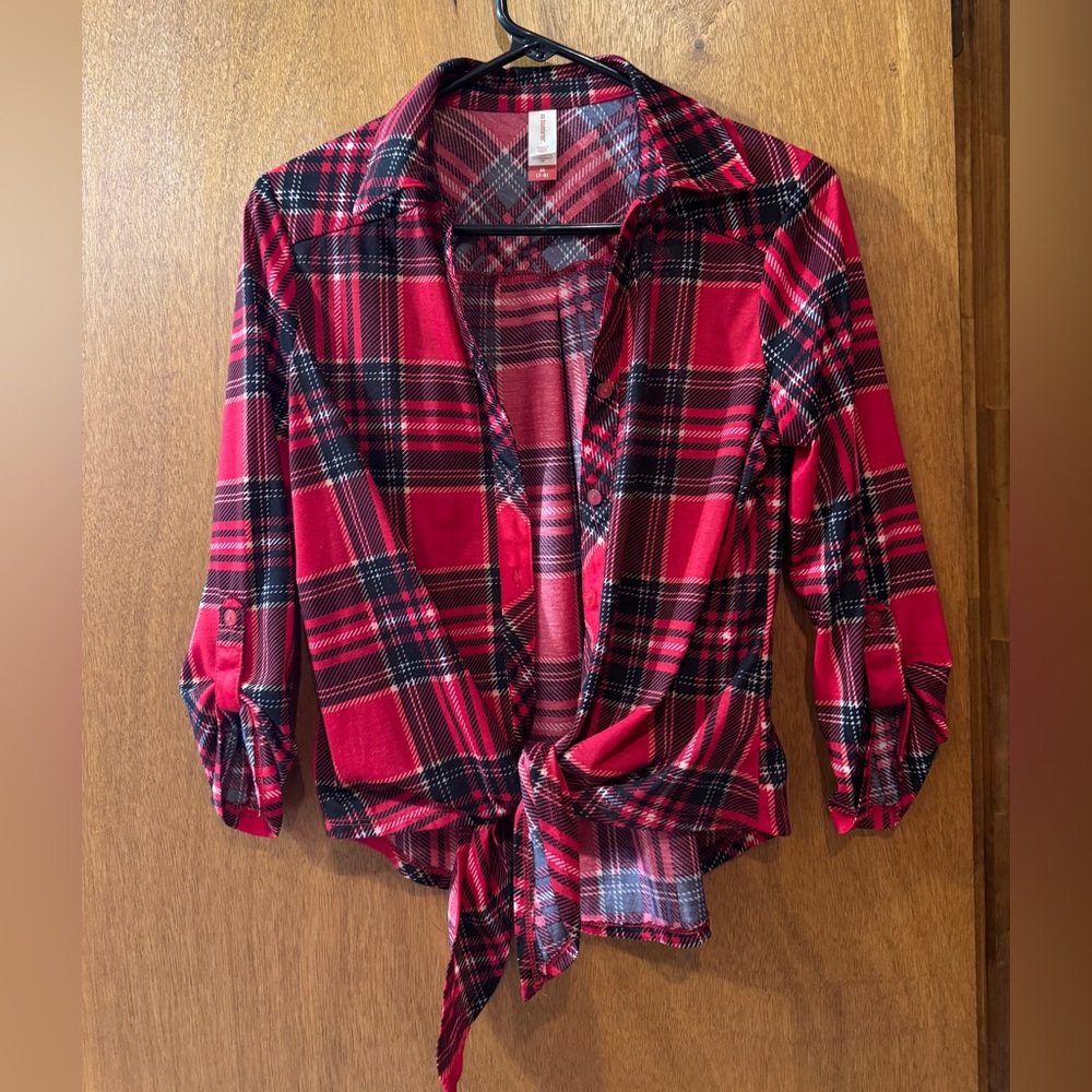 No Boundaries Tie-Front Plaid Shirt